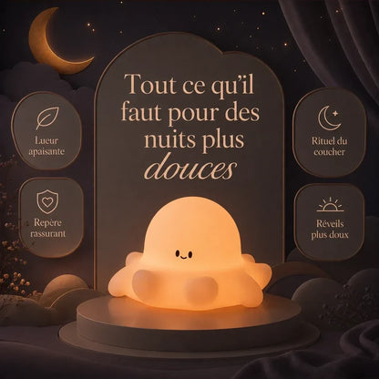 Infographie présentant les principaux bénéfices de la veilleuse en forme de poulpe pour la nuit.