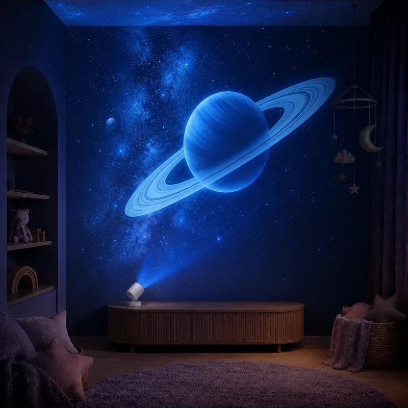 Projecteur planétaire cylindrique créant une grande projection immersive dans une chambre d’enfant.