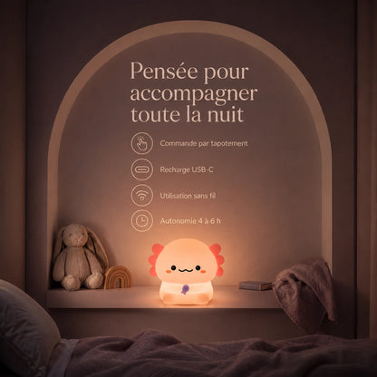 Infographie présentant l’autonomie, la recharge et l’utilisation sans fil de la veilleuse en forme d’axolotl debout.