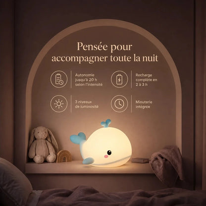 Infographie présentant l’autonomie, la recharge et l’utilisation sans fil de la veilleuse en forme de baleine bleue.