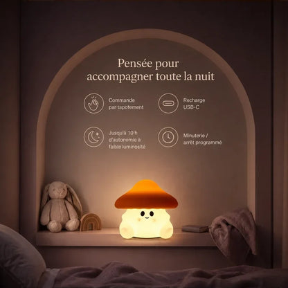 Infographie présentant l’autonomie, la recharge et l’usage quotidien de la veilleuse en forme de champignon orange.