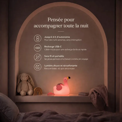 Infographie présentant l’autonomie, la recharge et l’utilisation sans fil de la veilleuse en forme de flamant rose.