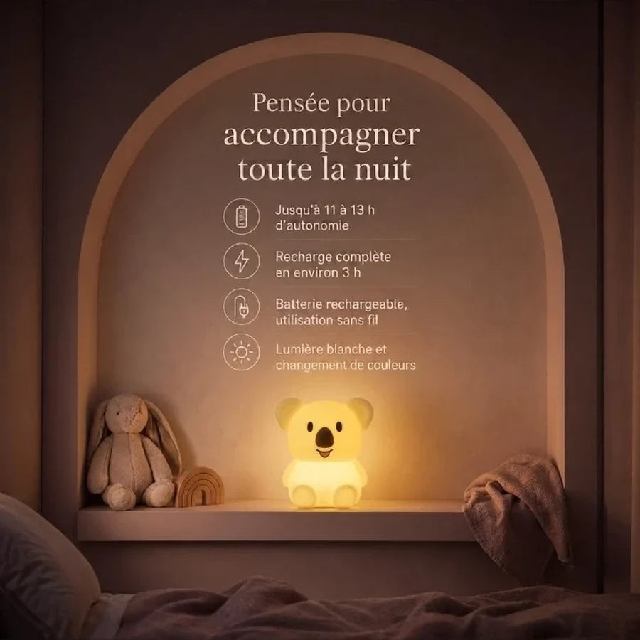 Première infographie présentant l’autonomie, la recharge et l’utilisation sans fil de la veilleuse koala debout.