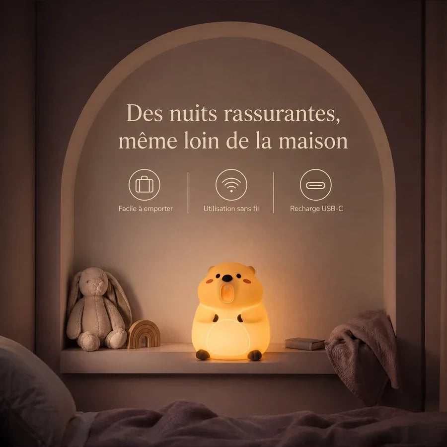 Infographie présentant le format nomade et les usages en déplacement de la veilleuse en forme de marmotte.