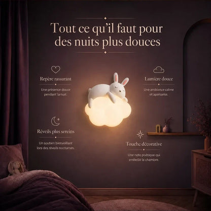 Infographie présentant les bénéfices de la veilleuse murale nuage et lapin.