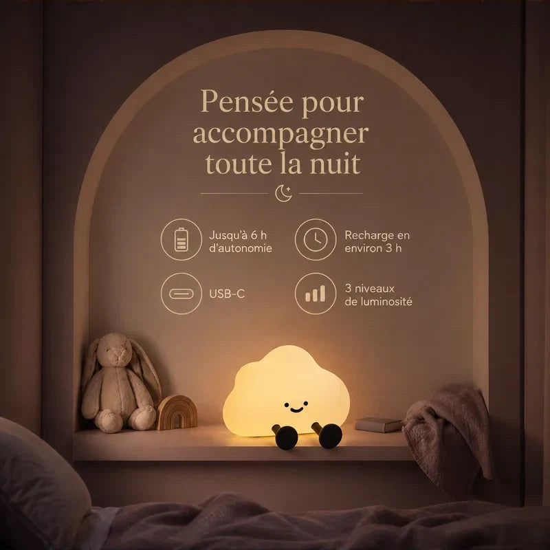 Infographie présentant l’autonomie, la recharge et l’usage quotidien de la veilleuse en forme de nuage.