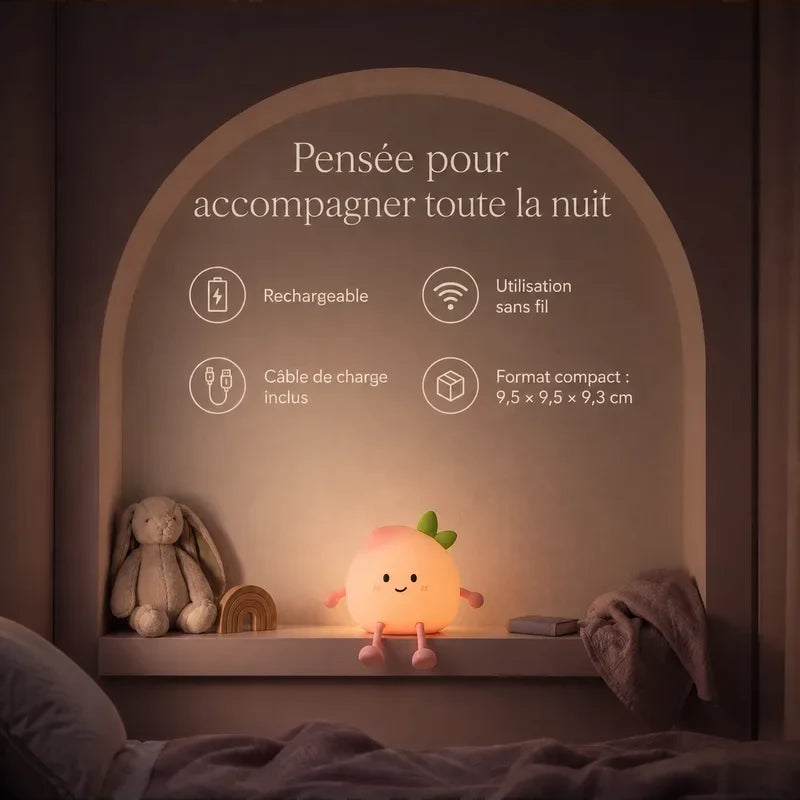 Infographie présentant l’autonomie, la recharge et l’usage quotidien de la veilleuse en forme de pêche souriante.