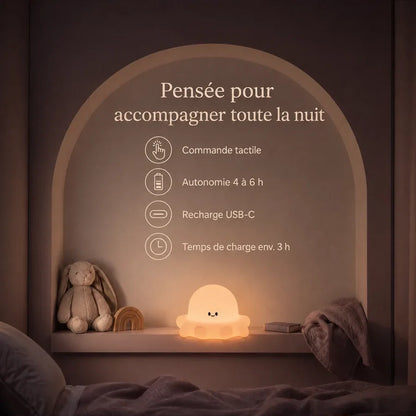 Infographie présentant l’autonomie, la recharge et l’utilisation sans fil de la veilleuse en forme de poulpe.