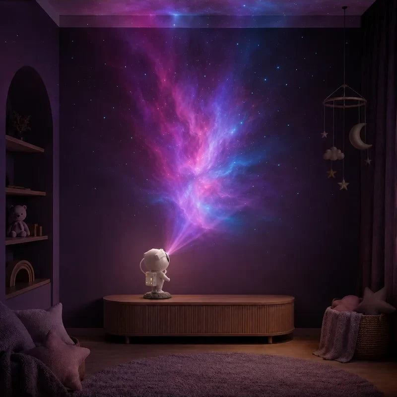 Projecteur astronaute galaxie créant une grande projection immersive dans une chambre d’enfant.
