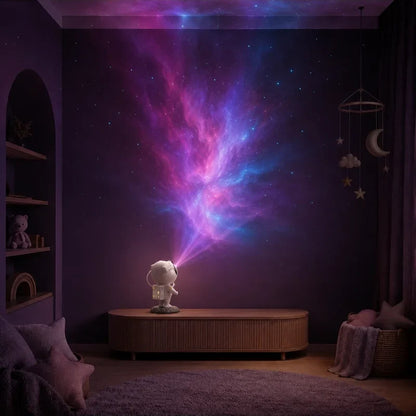 Projecteur astronaute galaxie créant une grande projection immersive dans une chambre d’enfant.