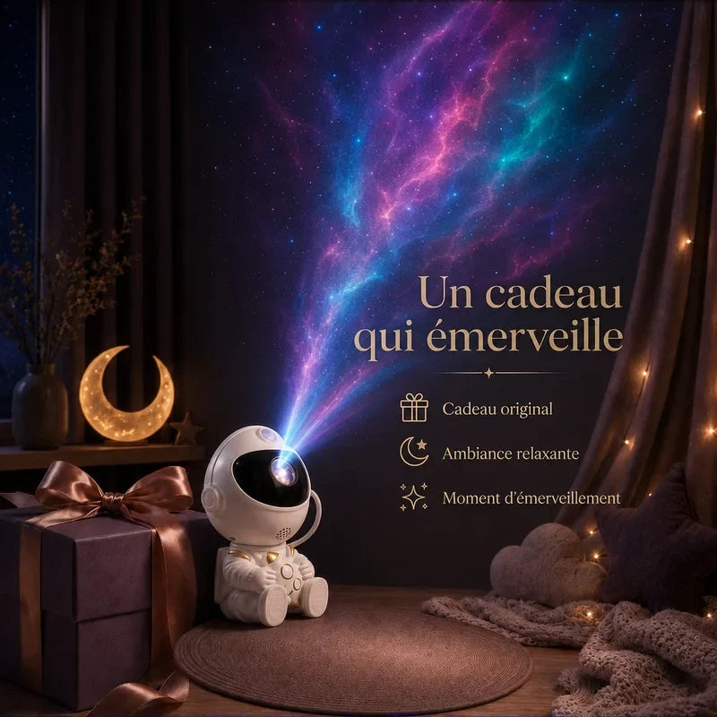 Projecteur astronaute nébuleuse présenté dans une ambiance cadeau.