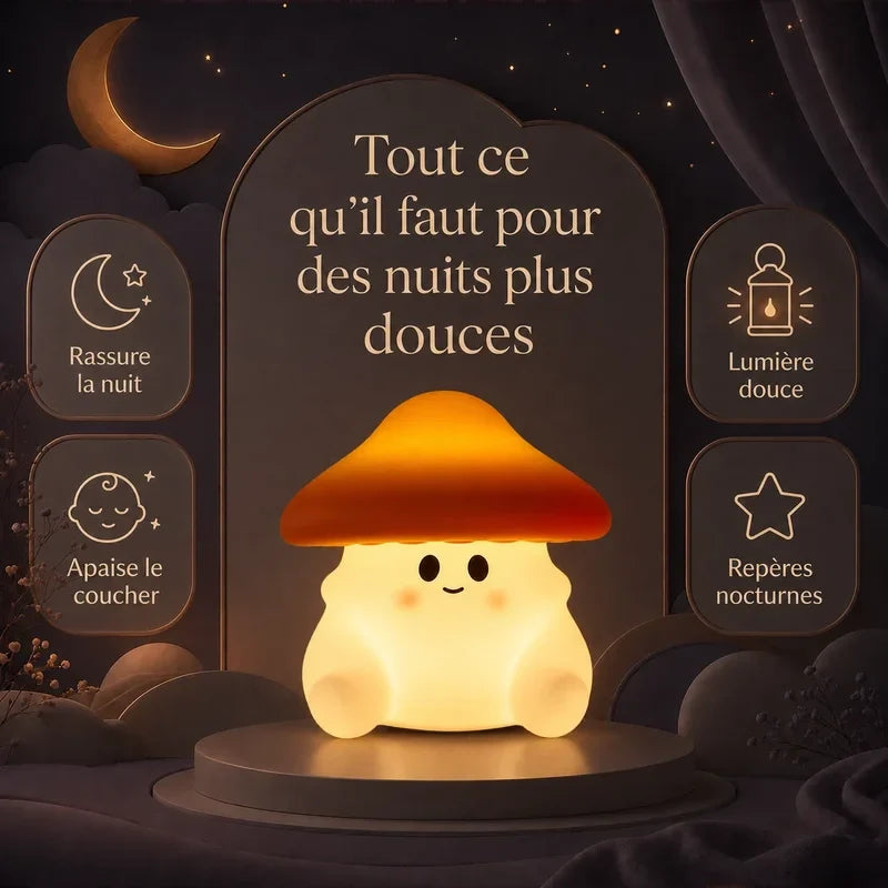 Infographie présentant les principaux bénéfices de la veilleuse en forme de champignon orange pour des nuits plus douces.