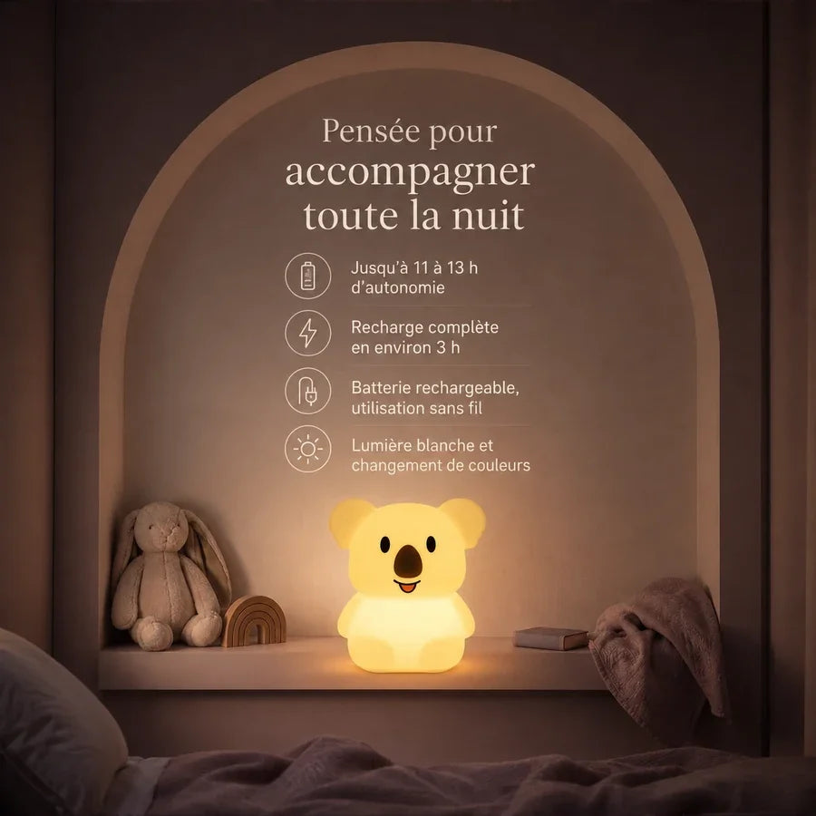 Seconde infographie présentant l’autonomie, la recharge et l’utilisation sans fil de la veilleuse koala debout.