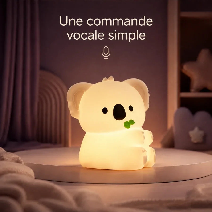 Infographie montrant la commande vocale de la veilleuse koala avec une feuille d’eucalyptus.