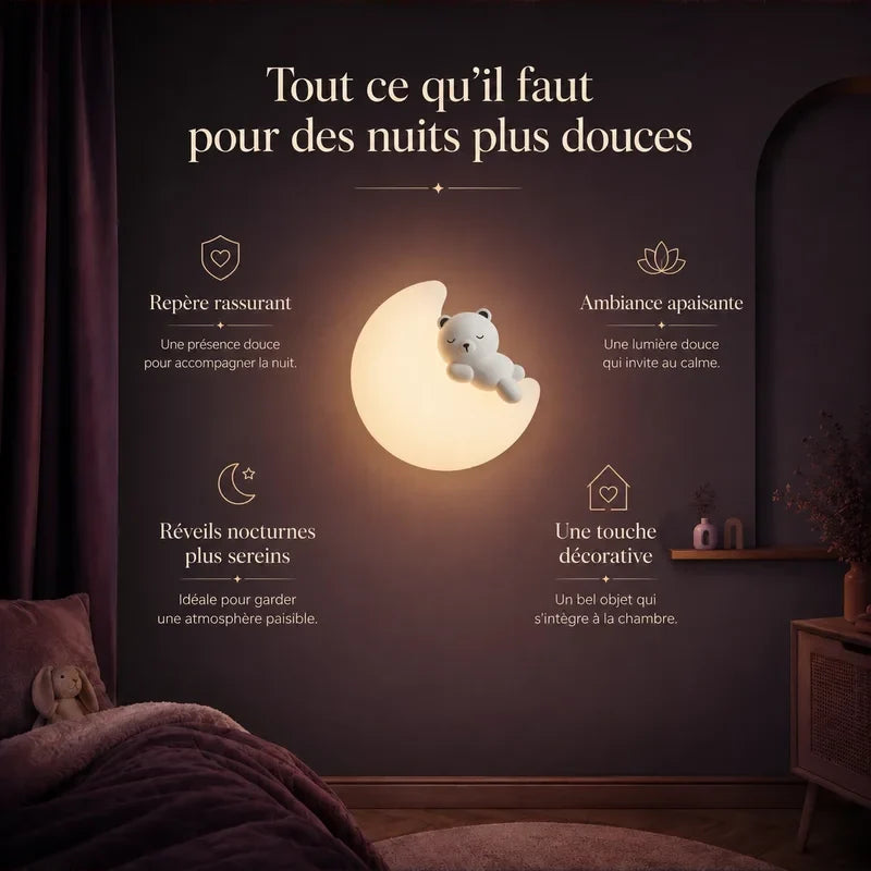 Infographie présentant les bénéfices de la veilleuse murale lune et ourson.