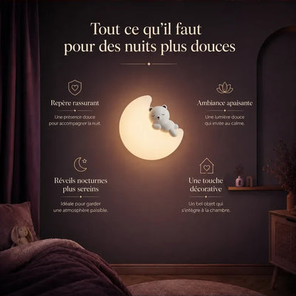 Infographie présentant les bénéfices de la veilleuse murale lune et ourson.