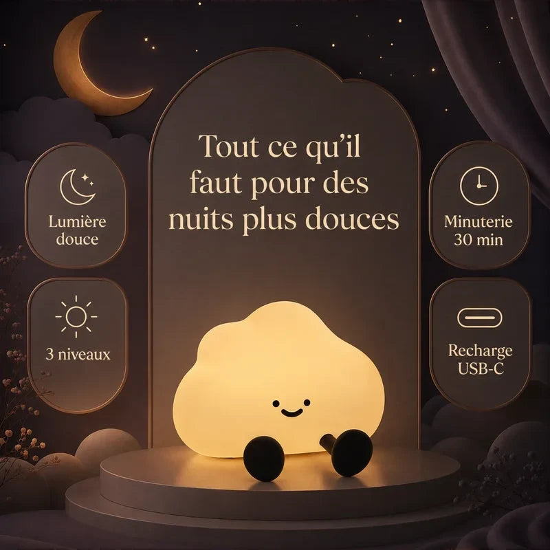 Infographie présentant les principaux bénéfices de la veilleuse en forme de nuage pour des nuits plus douces.