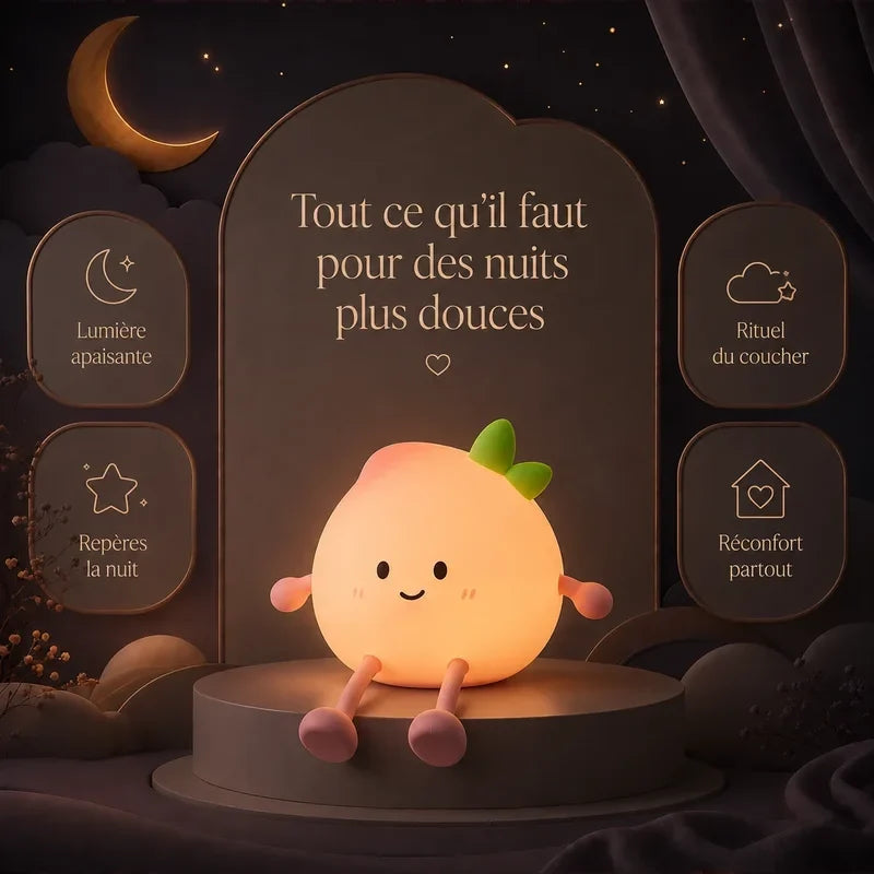Infographie présentant les principaux bénéfices de la veilleuse en forme de pêche souriante pour des nuits plus douces.
