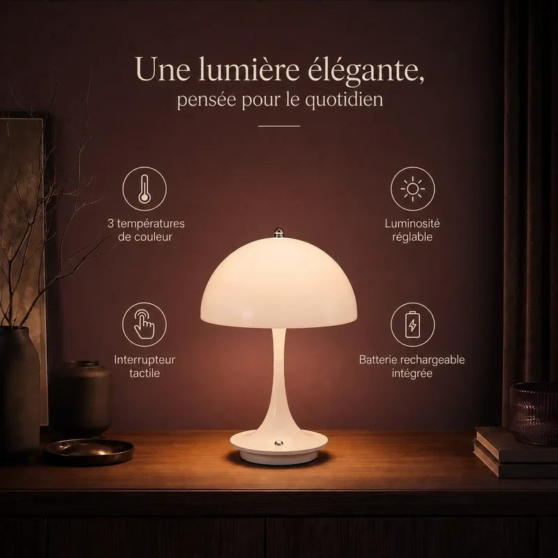 Infographie présentant les bénéfices de la lampe champignon blanc.