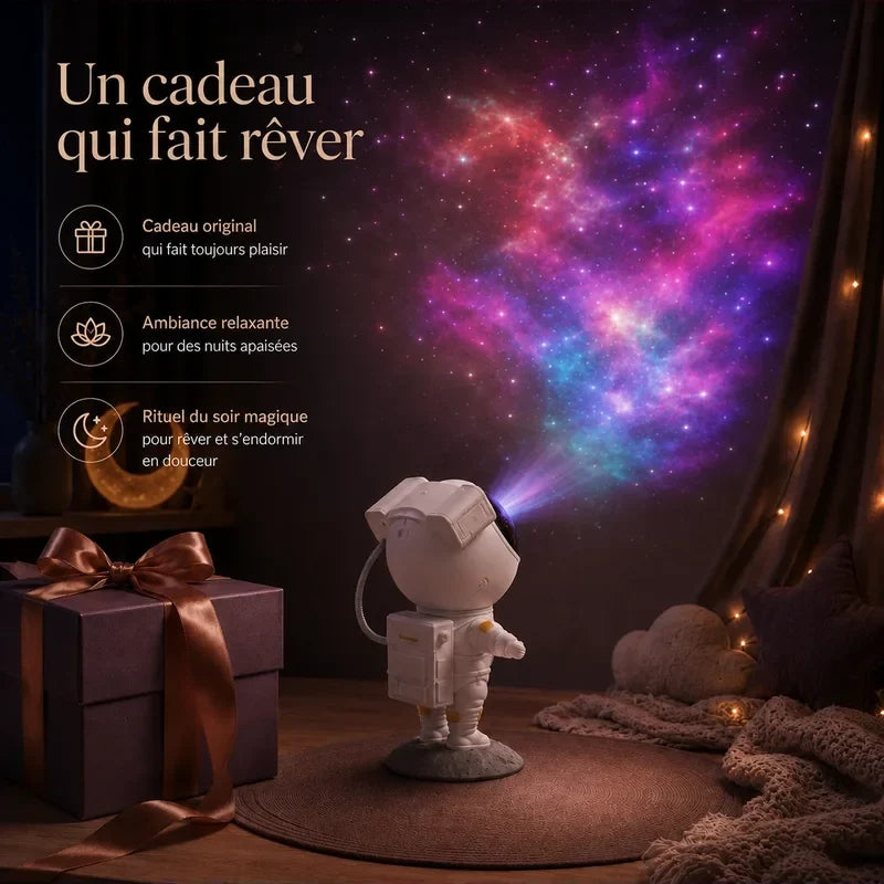 Projecteur astronaute galaxie présenté dans une ambiance cadeau.