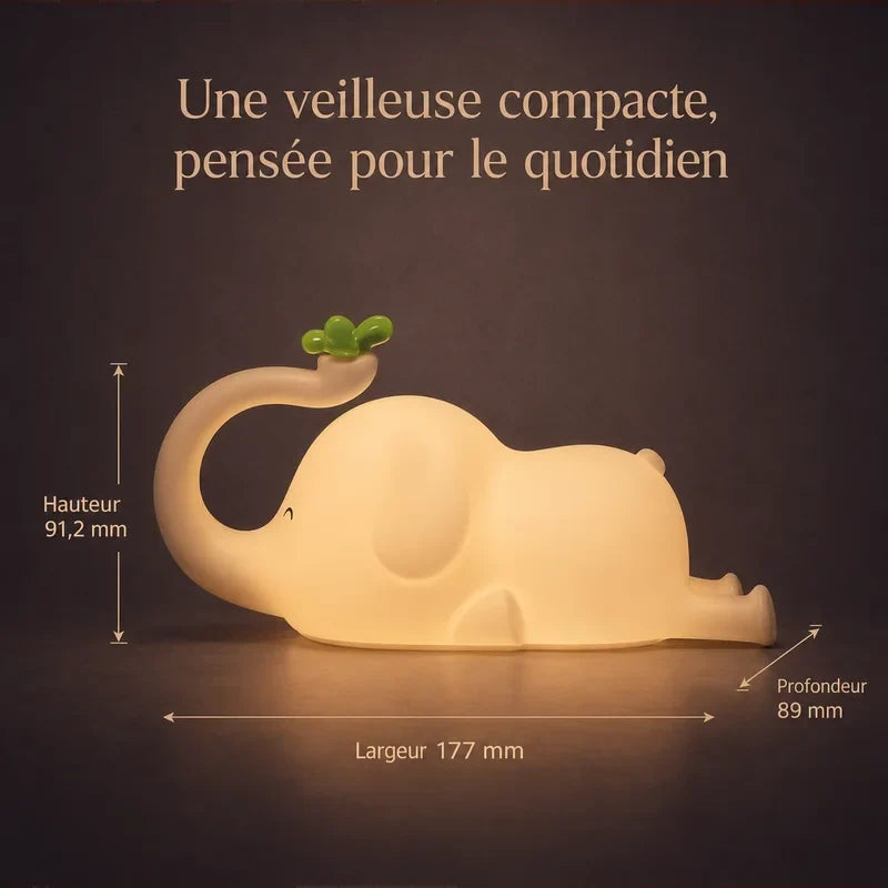 Dimensions de la veilleuse en forme d’éléphant allongé : 177 mm de large, 91,2 mm de haut et 89 mm de profondeur.