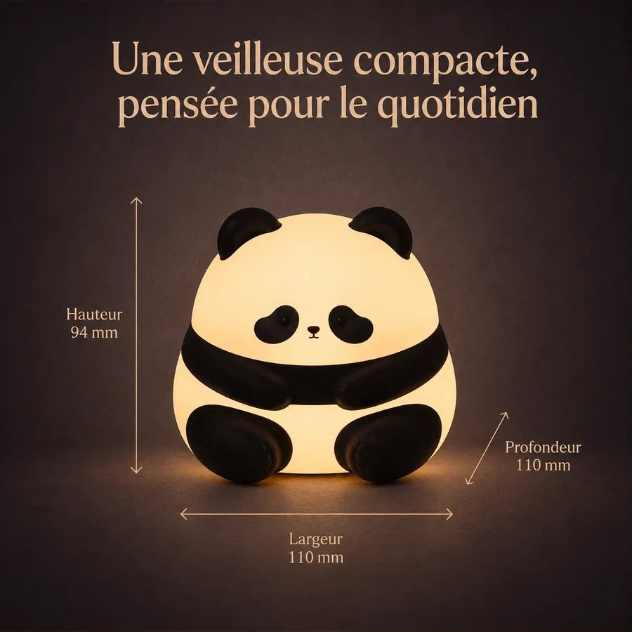 Dimensions de la veilleuse en forme de panda assis : 11 cm de large, 9,4 cm de haut et 11 cm de profondeur.
