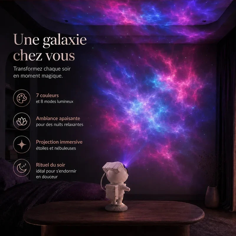 Infographie présentant les bénéfices du projecteur astronaute galaxie.