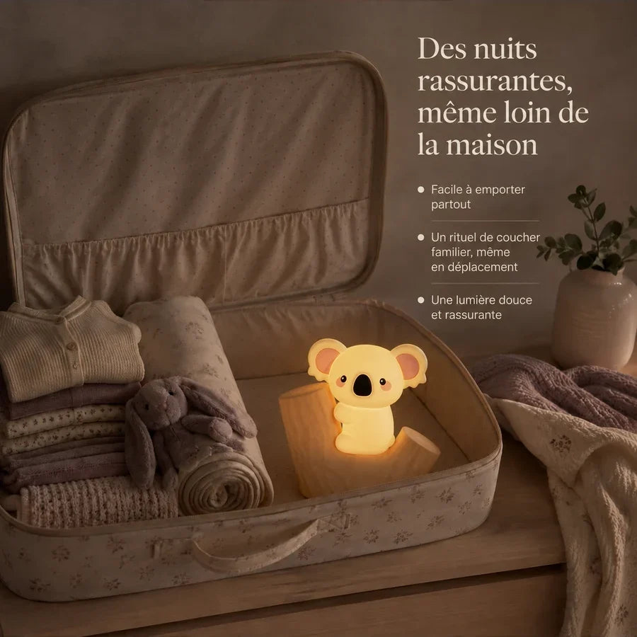 Veilleuse koala installée dans une souche rangée dans une valise pour accompagner un enfant en voyage.