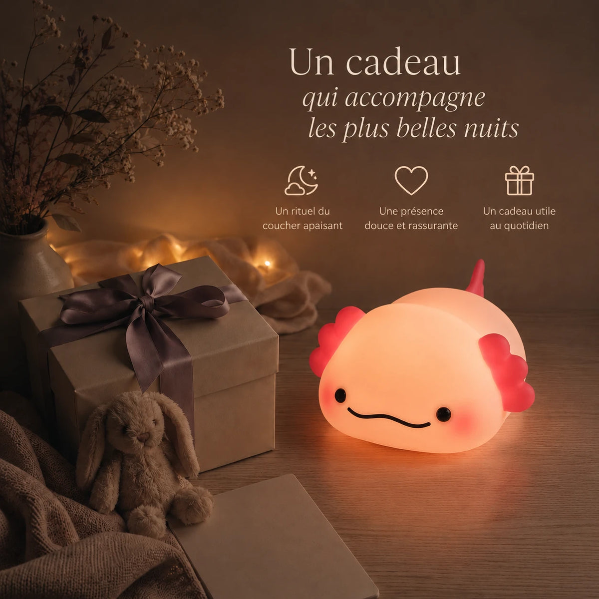 Veilleuse en forme d’axolotl allongé présentée dans une ambiance cadeau avec une boîte et un ruban.