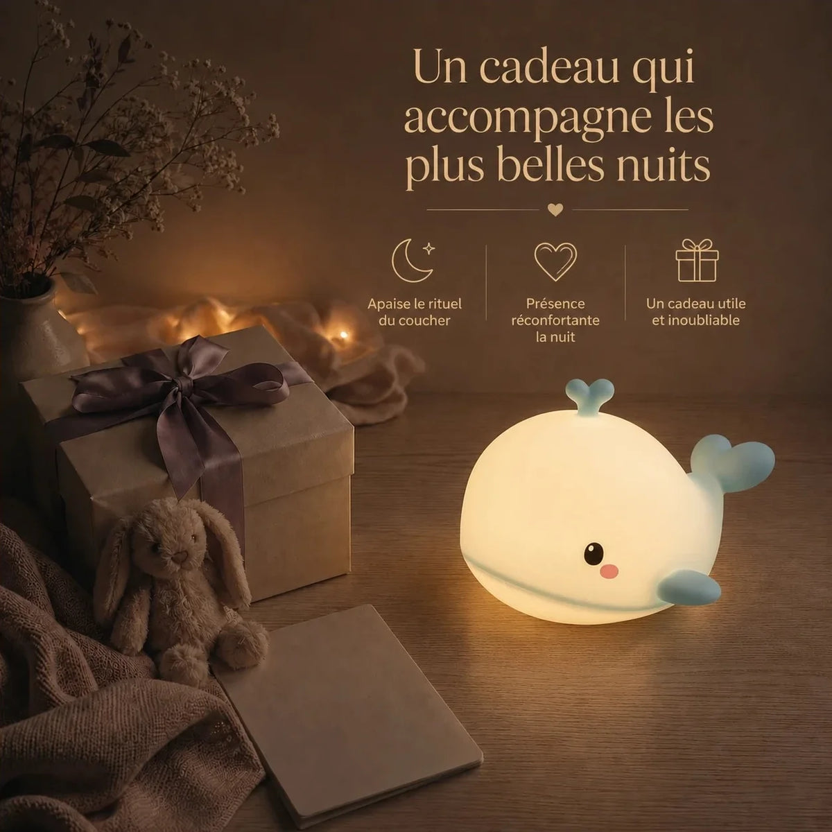 Veilleuse en forme de baleine bleue présentée dans une ambiance cadeau avec une boîte et un ruban.
