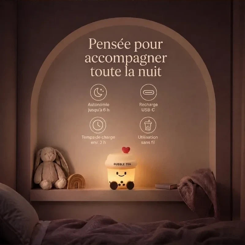 Infographie présentant l’autonomie, la recharge et l’usage quotidien de la veilleuse en forme de bubble tea.