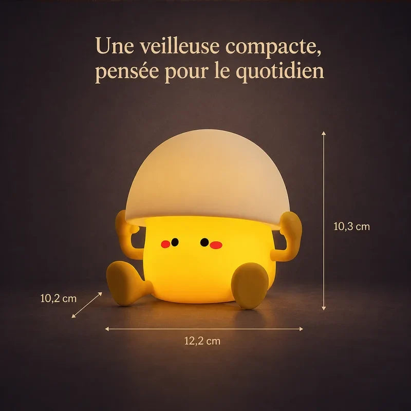Dimensions de la veilleuse en forme de champignon assis : 12,2 cm de large, 10,3 cm de haut et 10,2 cm de profondeur.