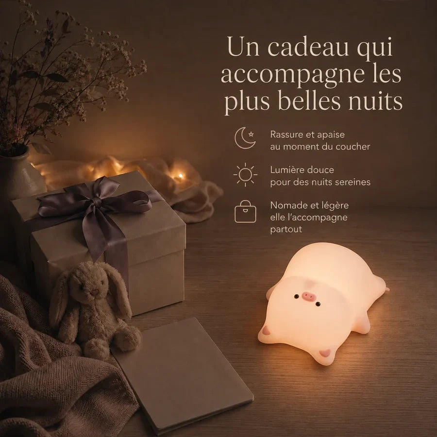 Veilleuse en forme de cochon allongé présentée dans une ambiance cadeau avec une boîte et un ruban.