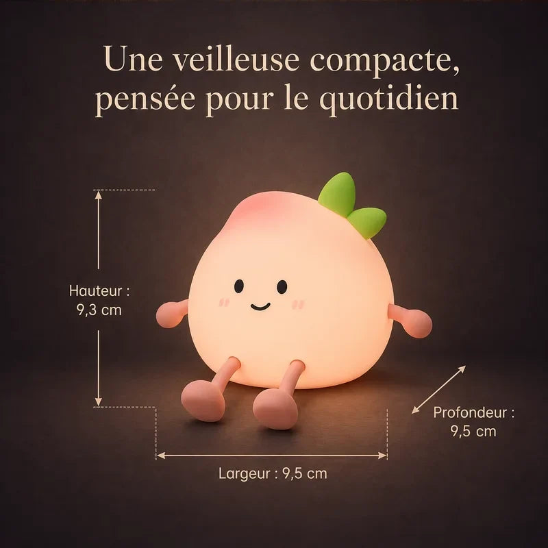 Dimensions de la veilleuse en forme de pêche souriante.