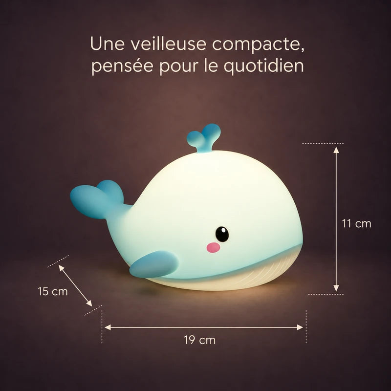 Dimensions de la veilleuse en forme de baleine bleue : 19 cm de large, 11 cm de haut et 15 cm de profondeur.