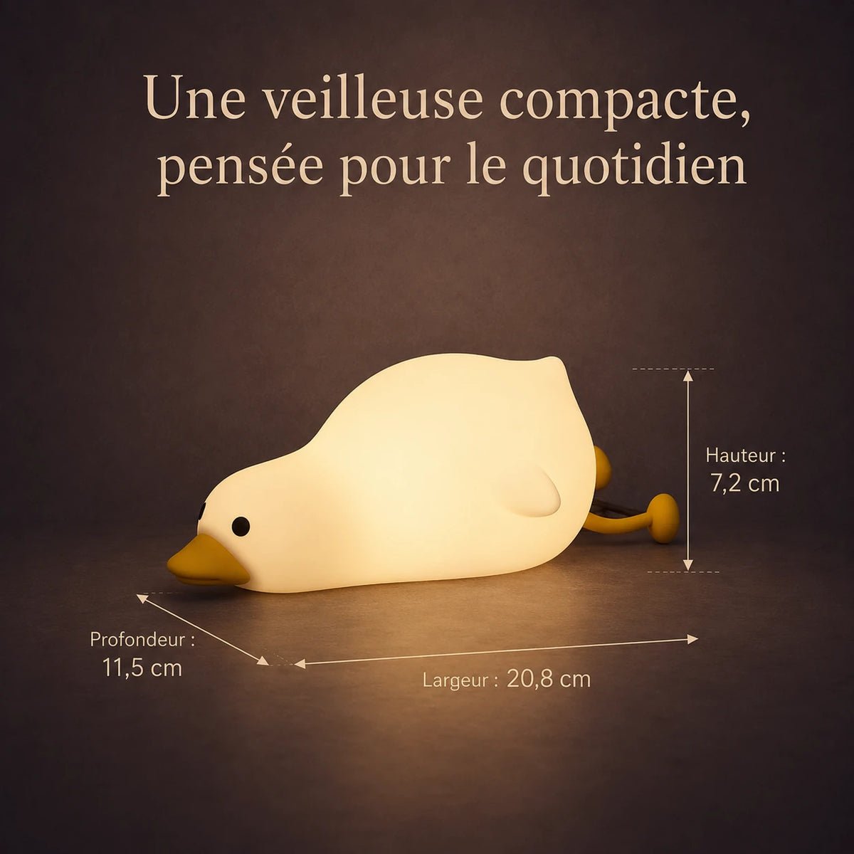 Dimensions de la veilleuse en forme de canard allongé : 20,8 cm de large, 7,2 cm de haut et 11,5 cm de profondeur.