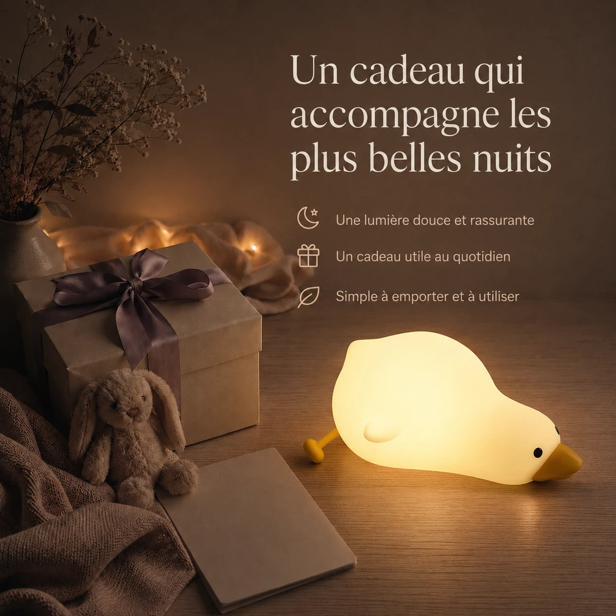 Veilleuse en forme de canard allongé présentée dans une ambiance cadeau avec une boîte et un ruban.