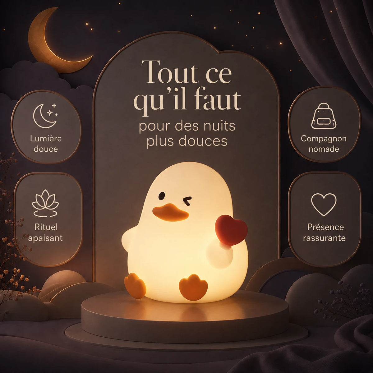 Infographie présentant les principaux bénéfices de la veilleuse en forme de canard avec un cœur rouge pour des nuits plus douces.