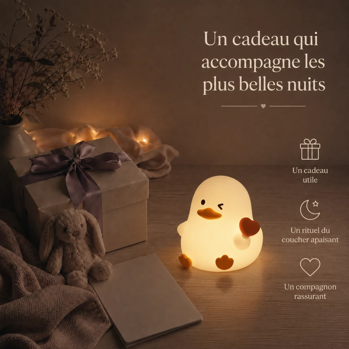 Veilleuse en forme de canard avec un cœur rouge présentée dans une ambiance cadeau avec une boîte et un ruban.