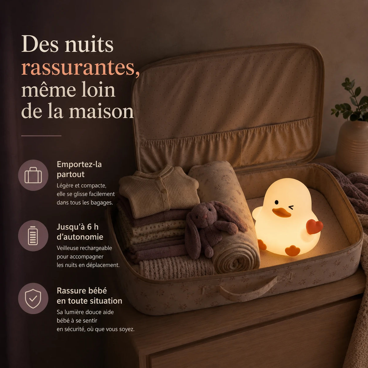 Veilleuse en forme de canard avec un cœur rouge rangée dans une valise pour accompagner un enfant en voyage.