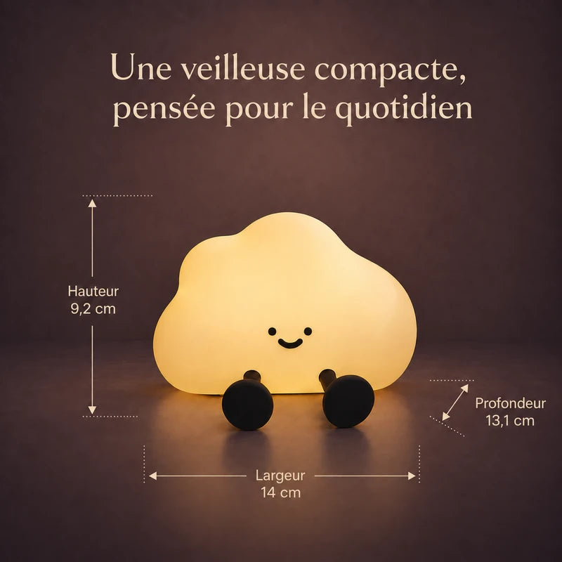 Dimensions de la veilleuse en forme de nuage : 14 cm de large, 13,1 cm de profondeur et 9,2 cm de haut.