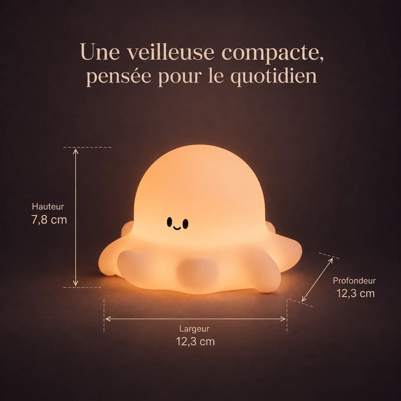 Dimensions de la veilleuse en forme de poulpe : 12,3 cm de large, 7,8 cm de haut et 12,3 cm de profondeur.